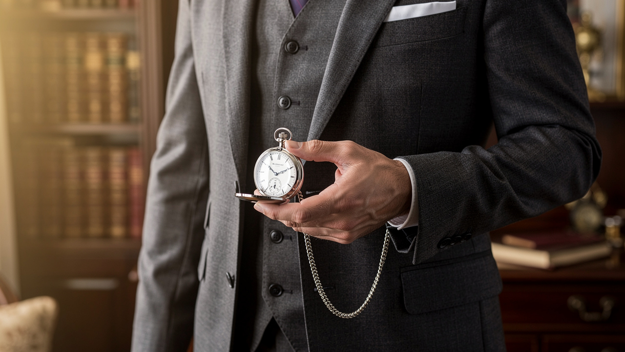 Homme en costume portant élégamment une montre à gousset