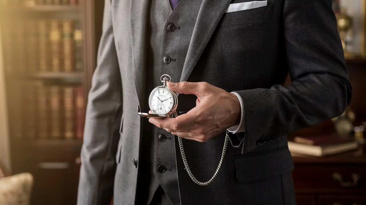Homme en costume portant élégamment une montre à gousset