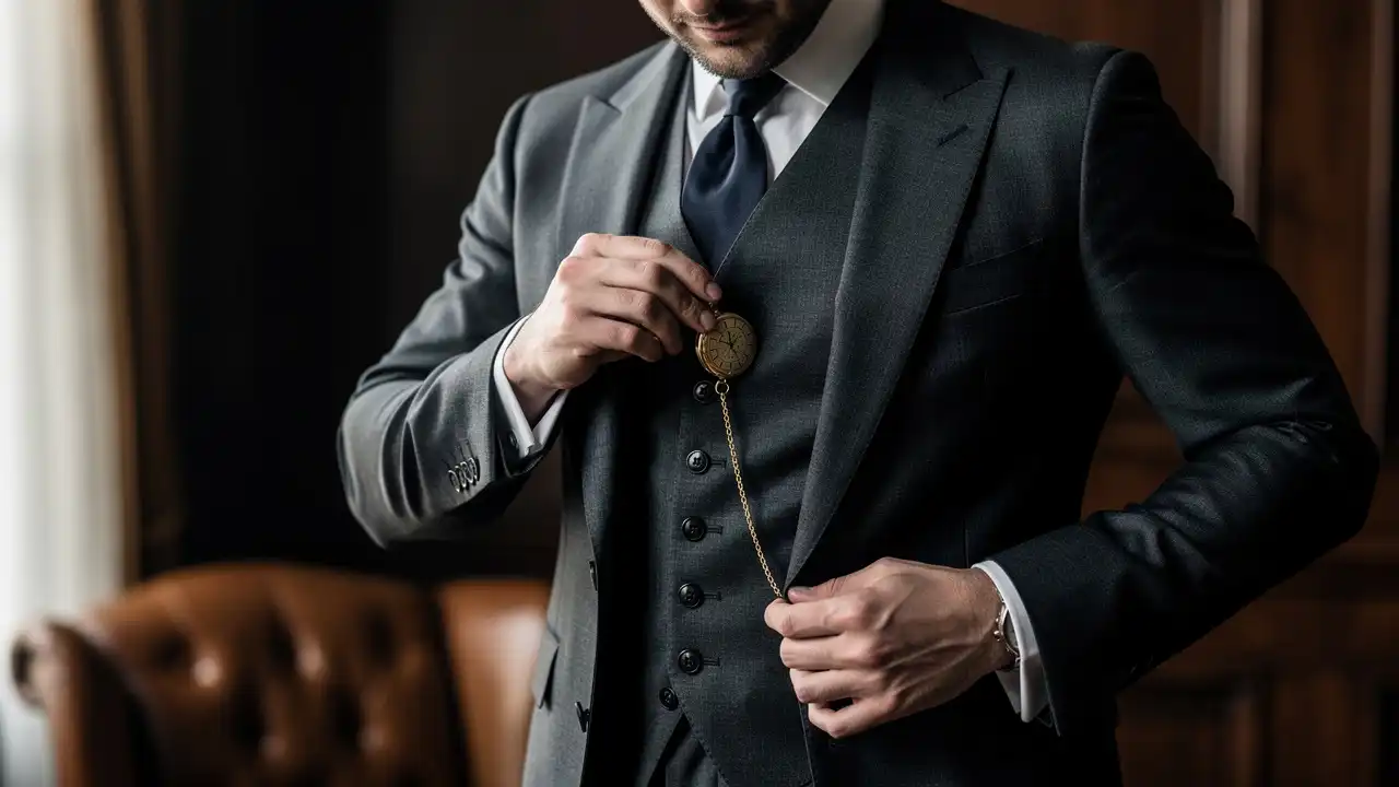 Homme élégant en costume consultant sa montre à gousset