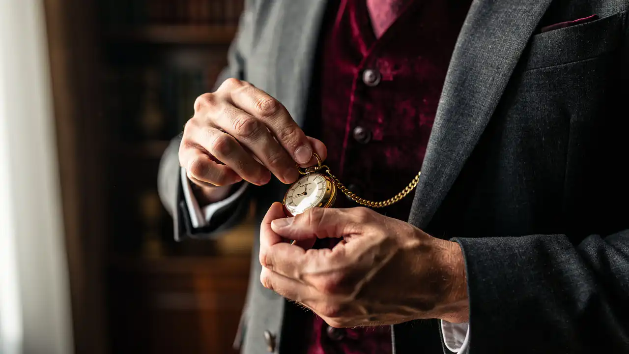 Homme élégant portant une montre à gousset avec gilet trois pièces