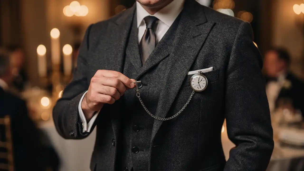 Homme élégant sortant montre à gousset du gilet