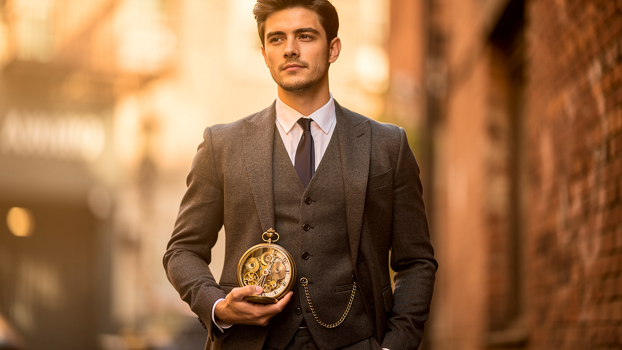 Homme moderne portant une montre à gousset steampunk élégante
