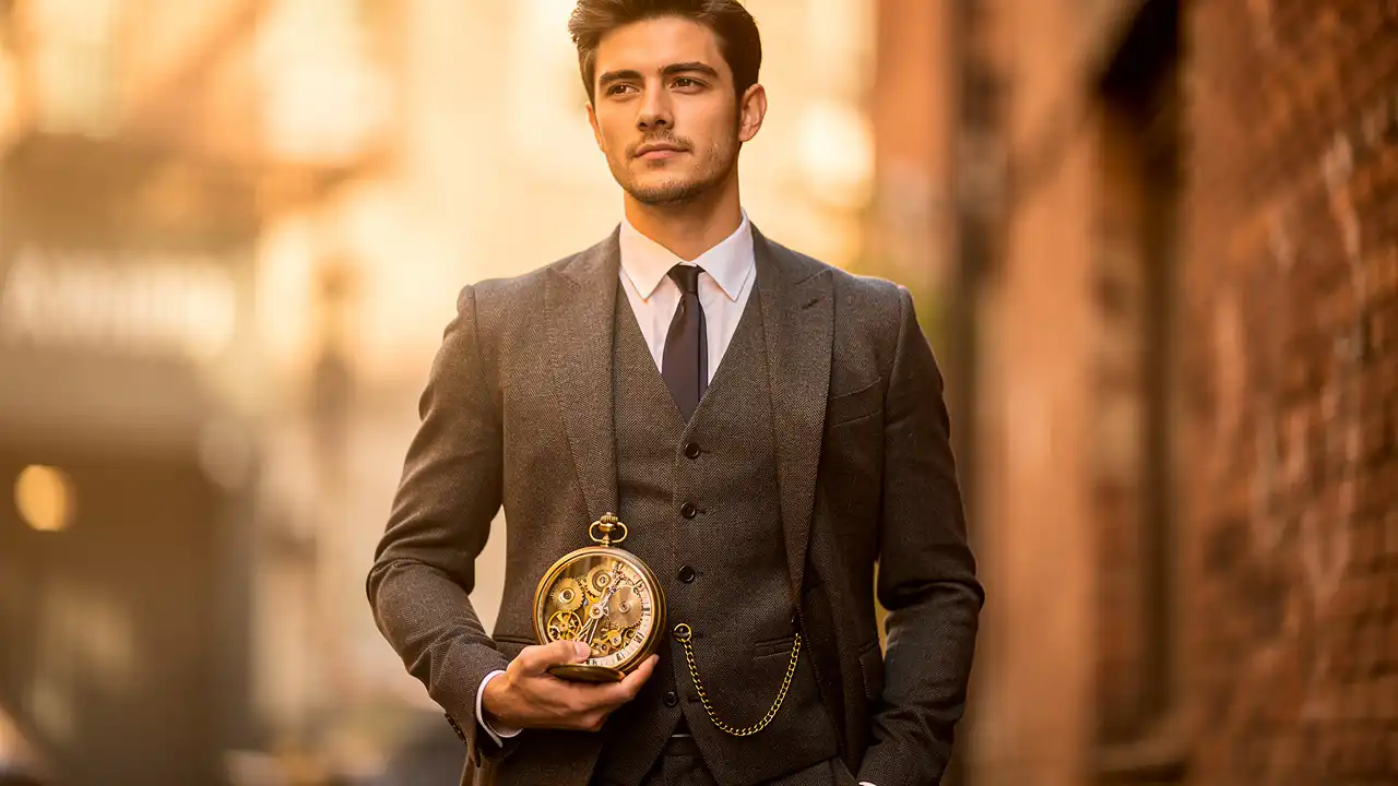 Homme moderne portant une montre à gousset steampunk élégante