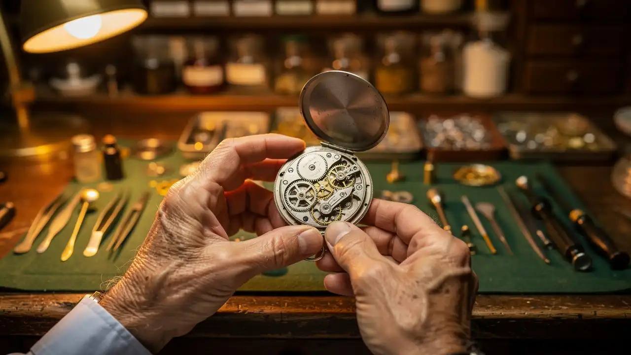 Horloger examinant une montre à gousset de qualité