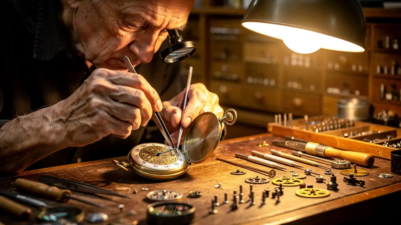 Horloger artisan réglant le cadran d'une montre de poche