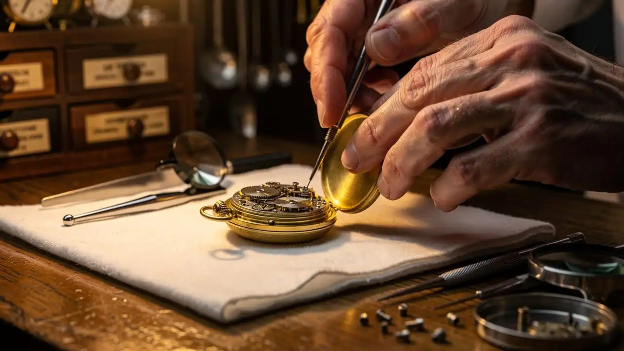 Horloger expert ouvrant une montre à gousset ancienne