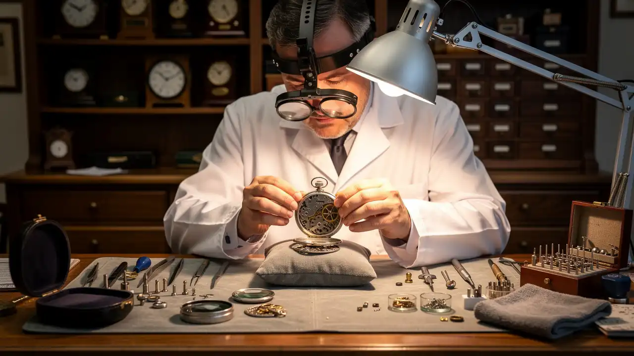 Horloger expert examinant une montre à gousset vintage en atelier