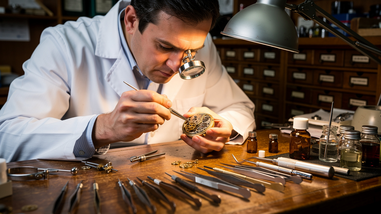 Horloger professionnel révisant un mouvement de montre à gousset