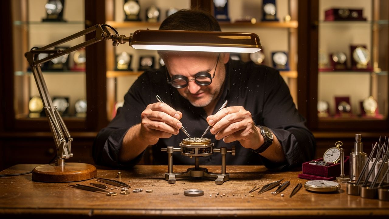 Horloger professionnel révisant une montre à gousset en atelier