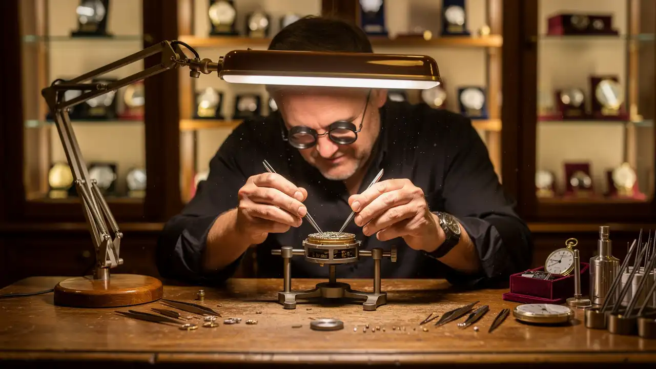Horloger professionnel révisant une montre à gousset en atelier