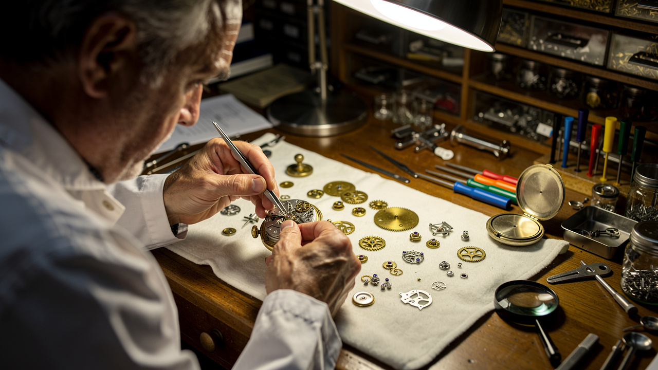 Horloger effectuant la révision d'une montre mécanique ancienne
