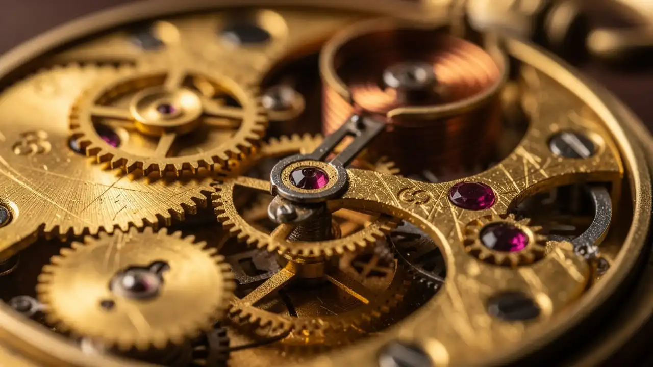 Mécanisme intérieur détaillé d'une montre à gousset mécanique