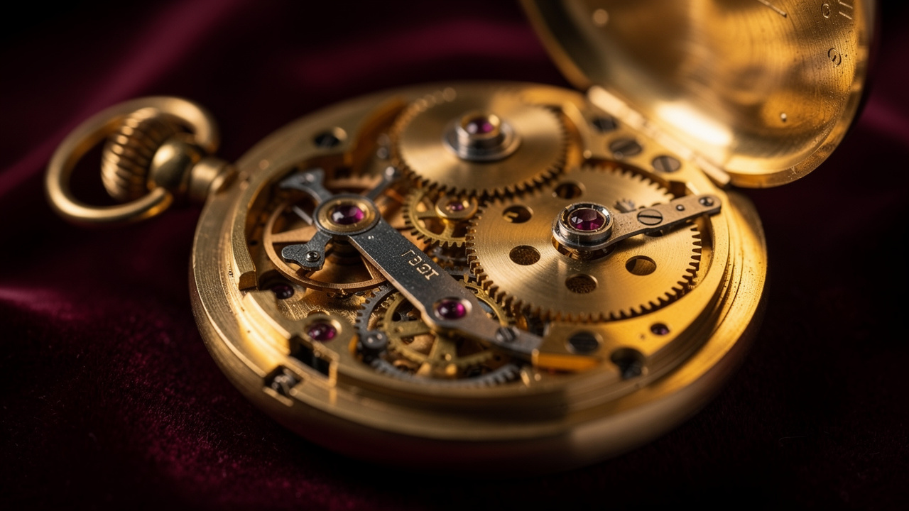 Mécanisme intérieur détaillé d'une montre de poche mécanique