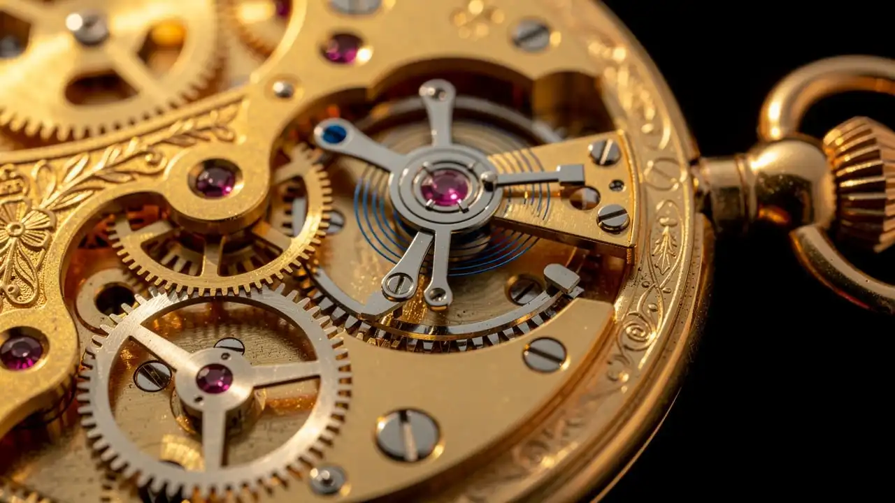 Gros plan sur le mouvement mécanique ajouré d'une montre squelette