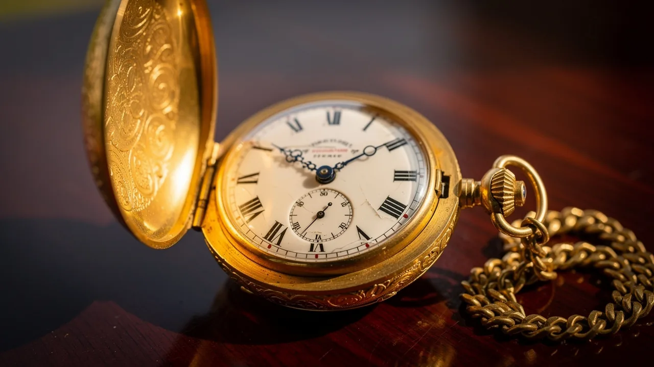 Montre à gousset ancienne en or avec couvercle gravé ouvert et chaîne