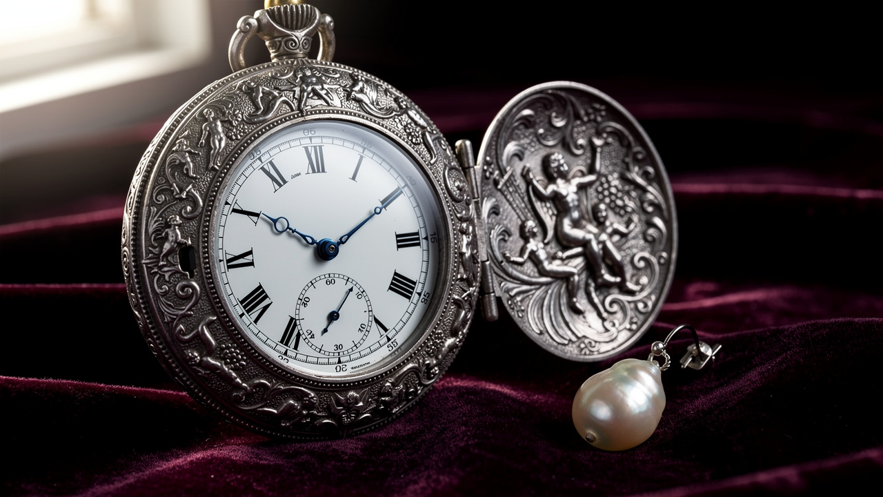 Montre de poche en argent gravée posée sur velours bordeaux