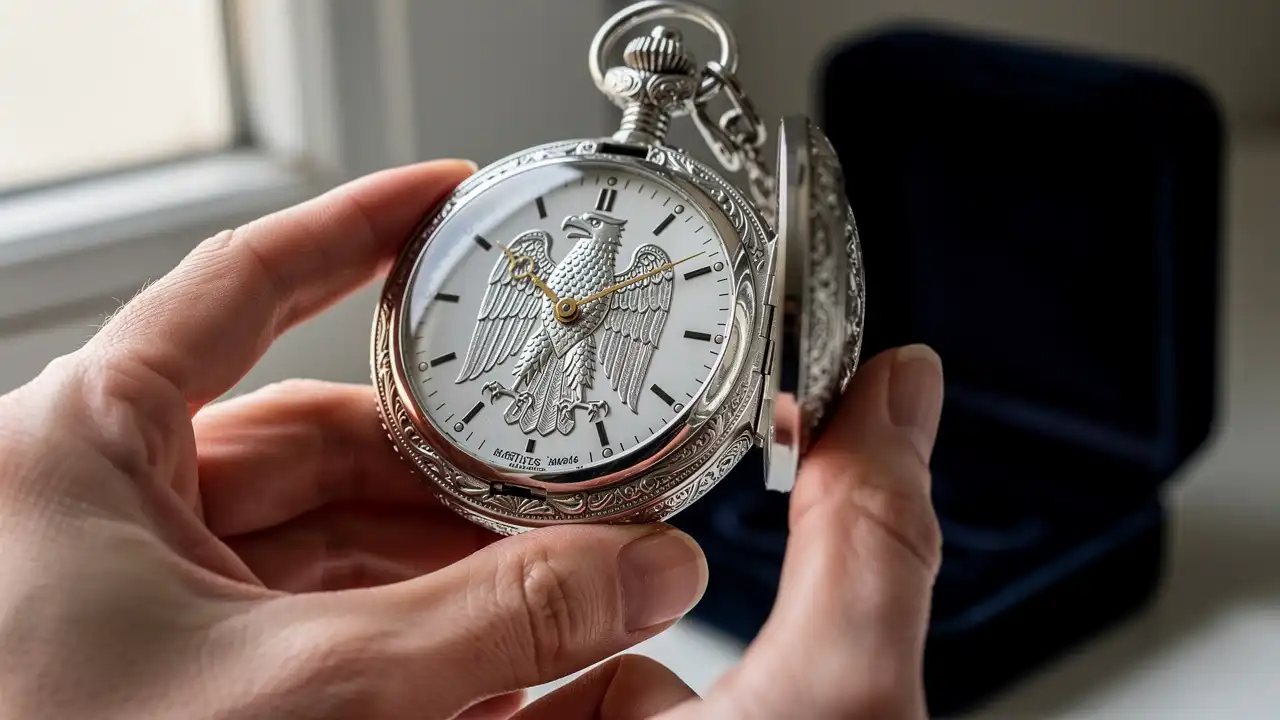 Montre de poche en argent gravée d'un aigle majestueux