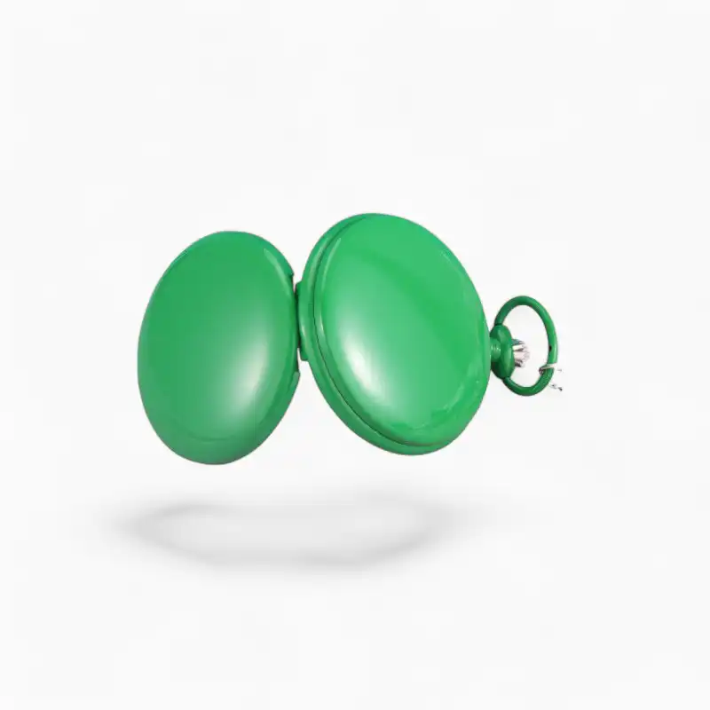 Montre à Gousset colorée de style classique avec boîtier uni vert pomme ouvert sur fond blanc.