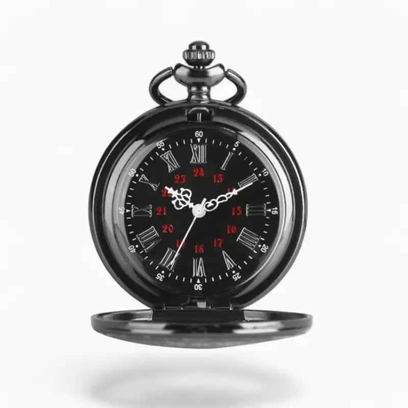 Montre à Gousset classique en métal noir avec inscription "I Love You" sur un cadran noir aux chiffres romains, idéale pour cadeau romantique.