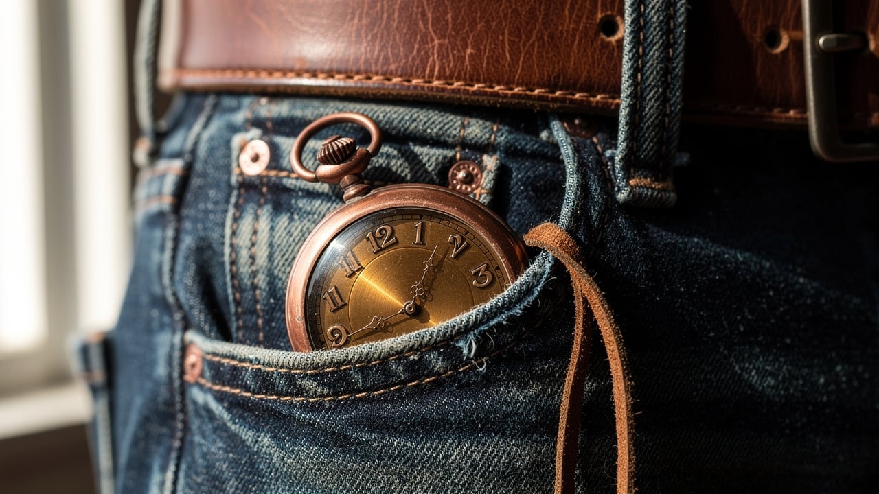 Montre à gousset vintage dans la poche de jean avec cordon cuir