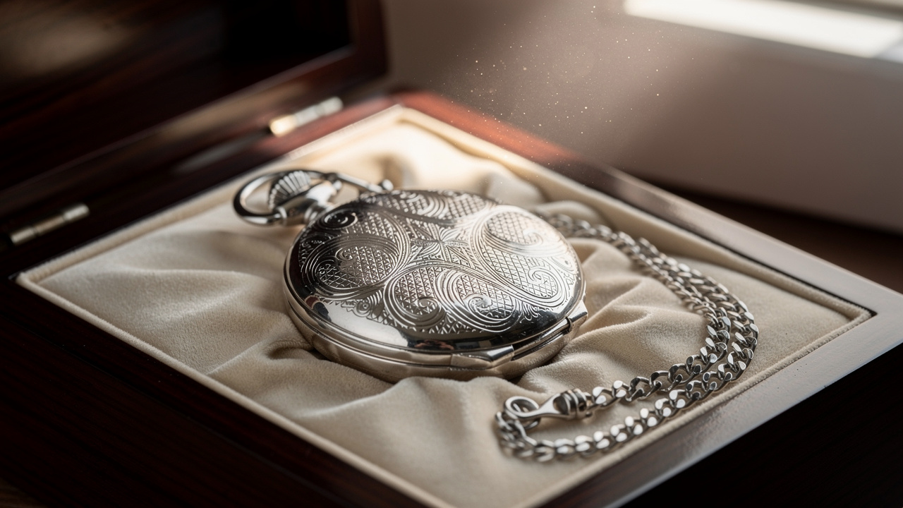Montre à gousset gravée dans son coffret cadeau en bois