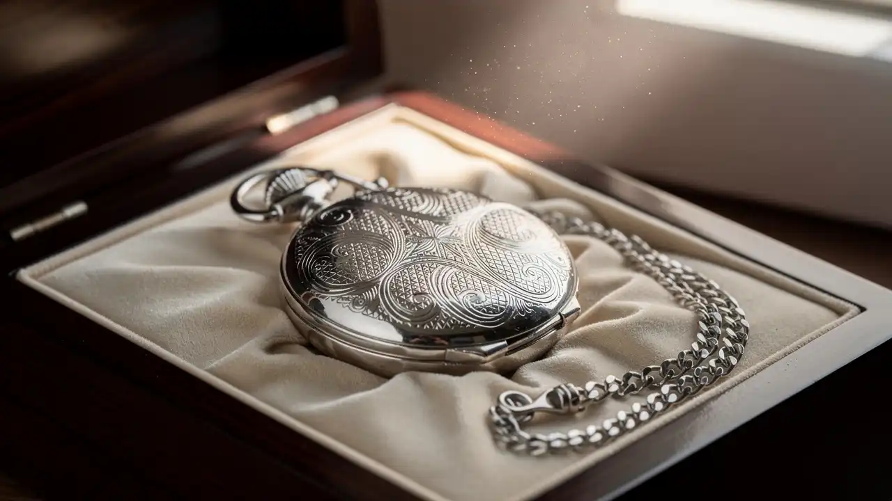 Montre à gousset gravée dans son coffret cadeau en bois