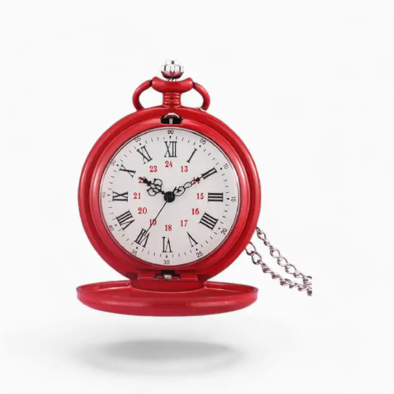 Montre à gousset colorée avec boîtier rouge brillant, cadran blanc et chiffres romains.