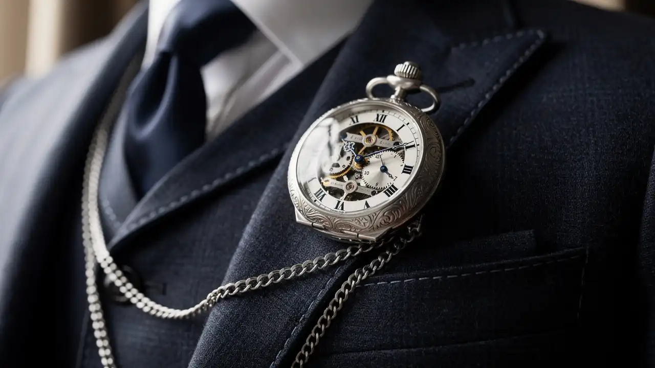 Montre à gousset avec chaîne Albert sur gilet trois-pièces