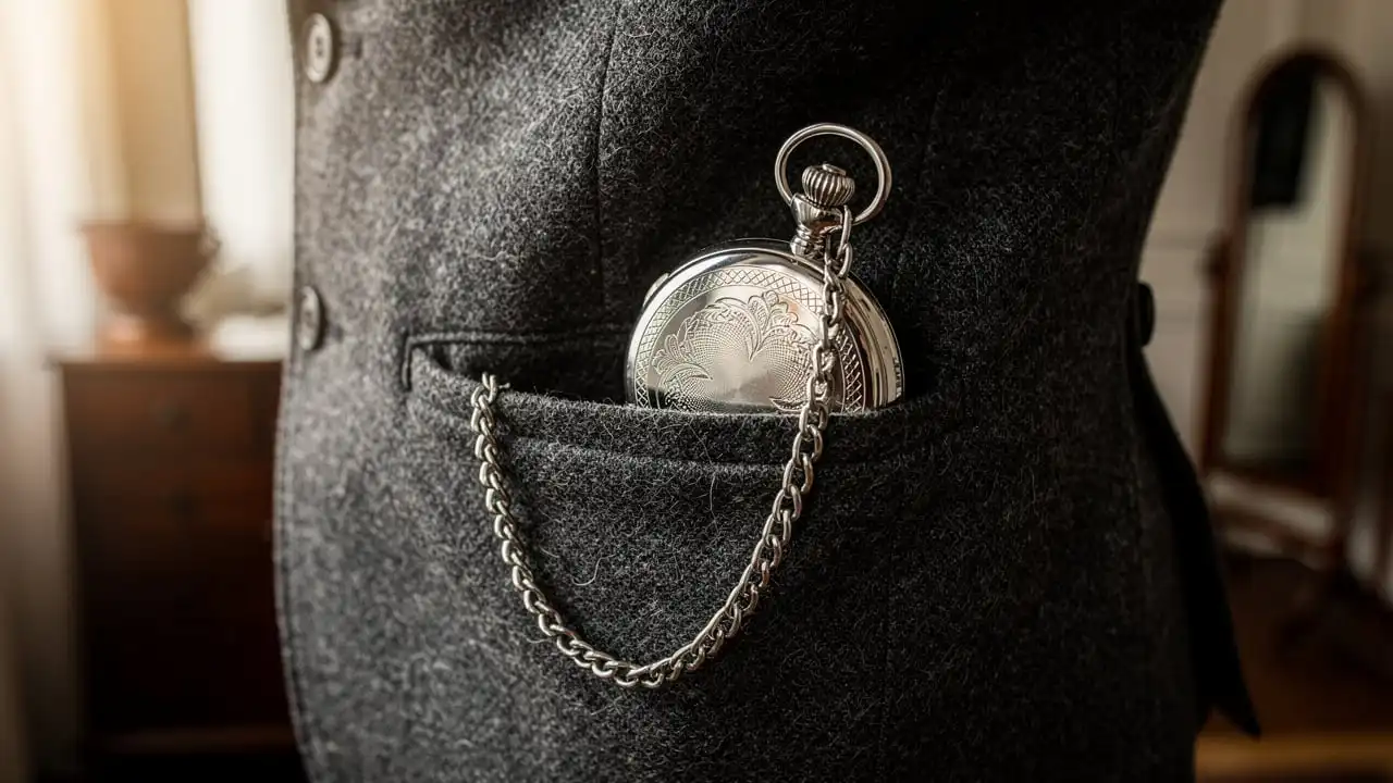 Montre à gousset argentée dans poche de gilet gris
