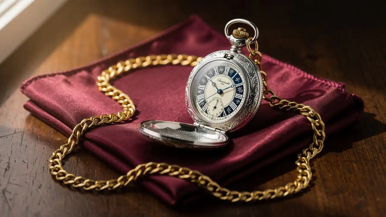 Montre de poche guillochée et émaillée sur soie bordeaux