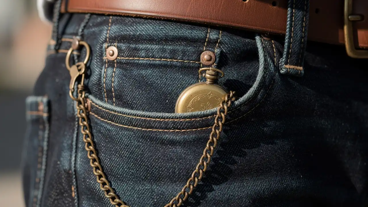 Montre à gousset dans la poche jean avec chaîne glissière