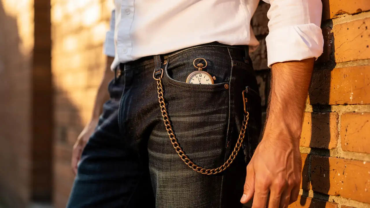 Montre à gousset portée avec un jean et chemise Oxford