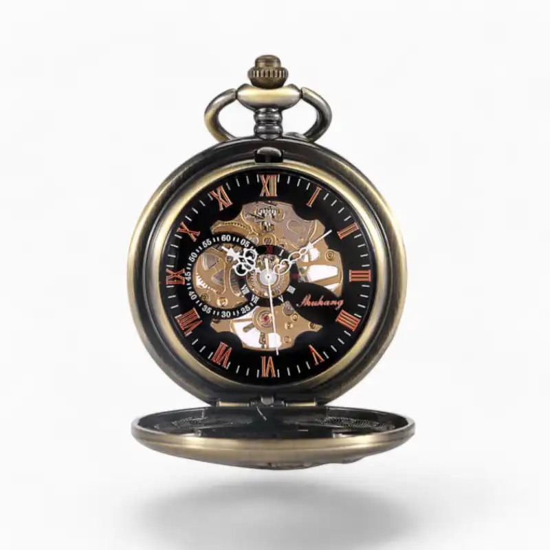 Montre à Gousset Mécanique Gouvernail ouverte avec cadran noir, chiffres romains orangés, engrenages visibles, marque Ambulatory, et couvercle inférieur.