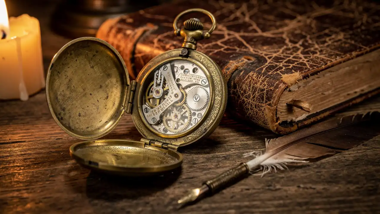 Montre à gousset ancienne sur bureau victorien avec journal