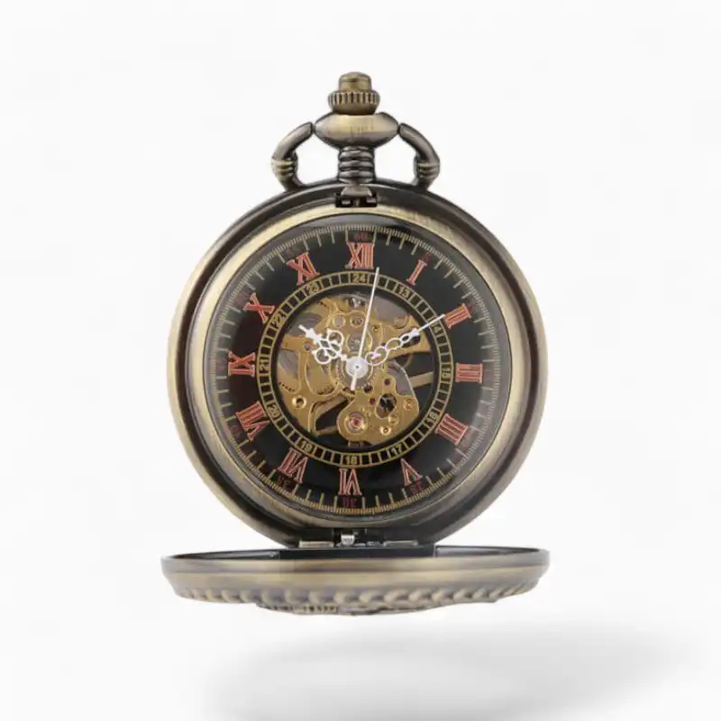 Montre à Gousset Mécanique Phœnix vintage avec cadran noir, chiffres romains et mécanisme visible.