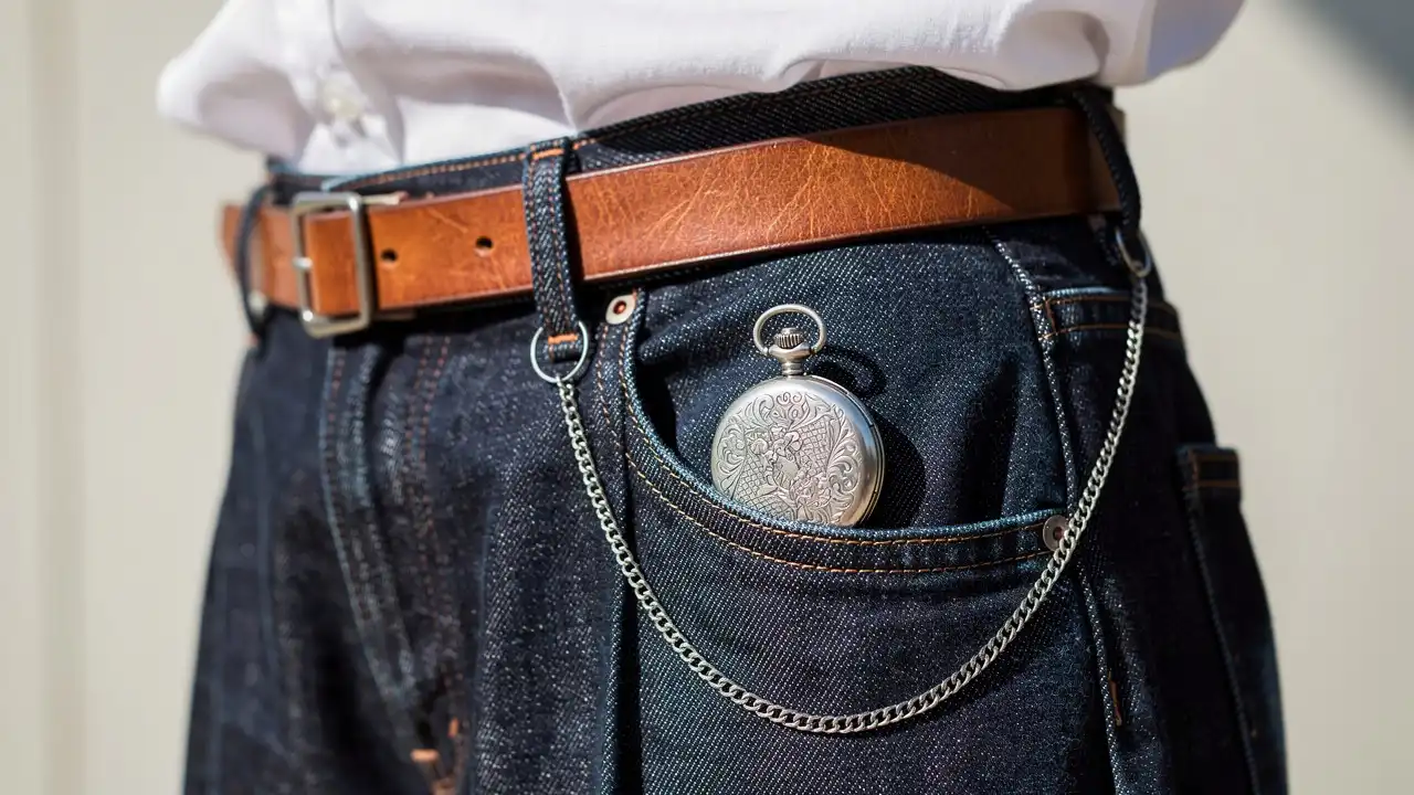 Montre à gousset glissée dans la poche de jean avec chaîne
