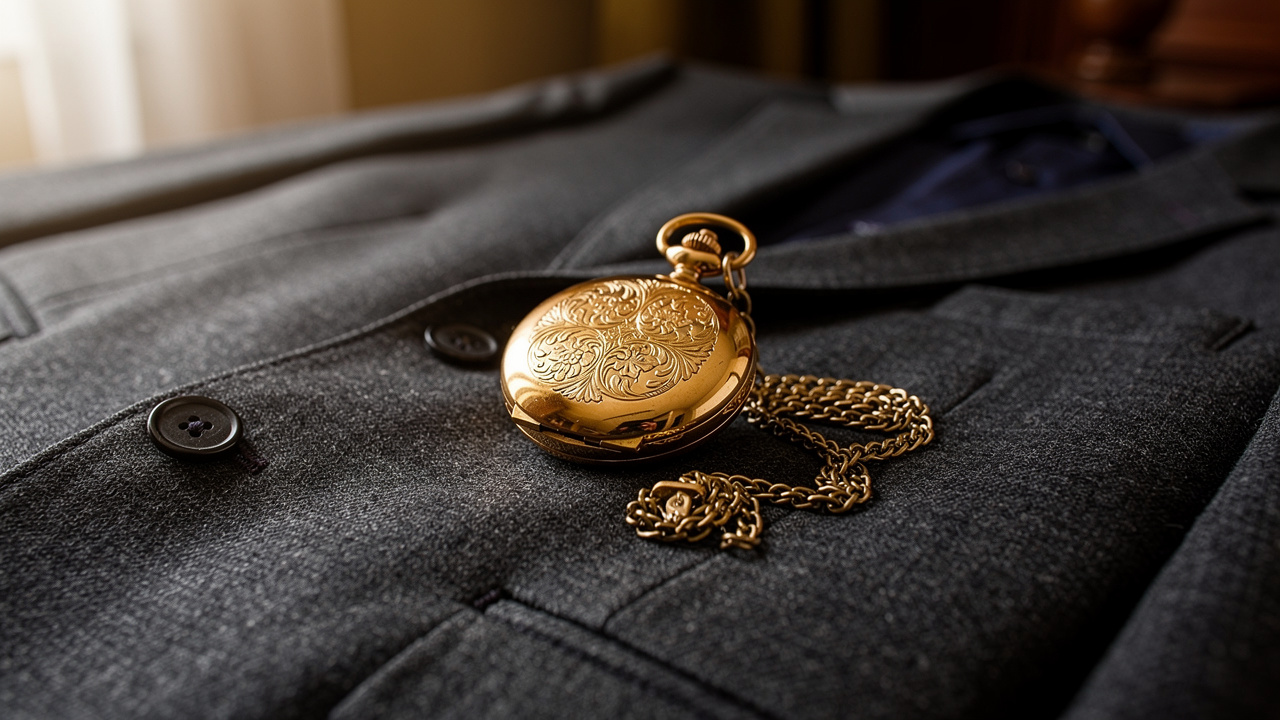 Montre à gousset dorée posée sur un gilet de costume élégant