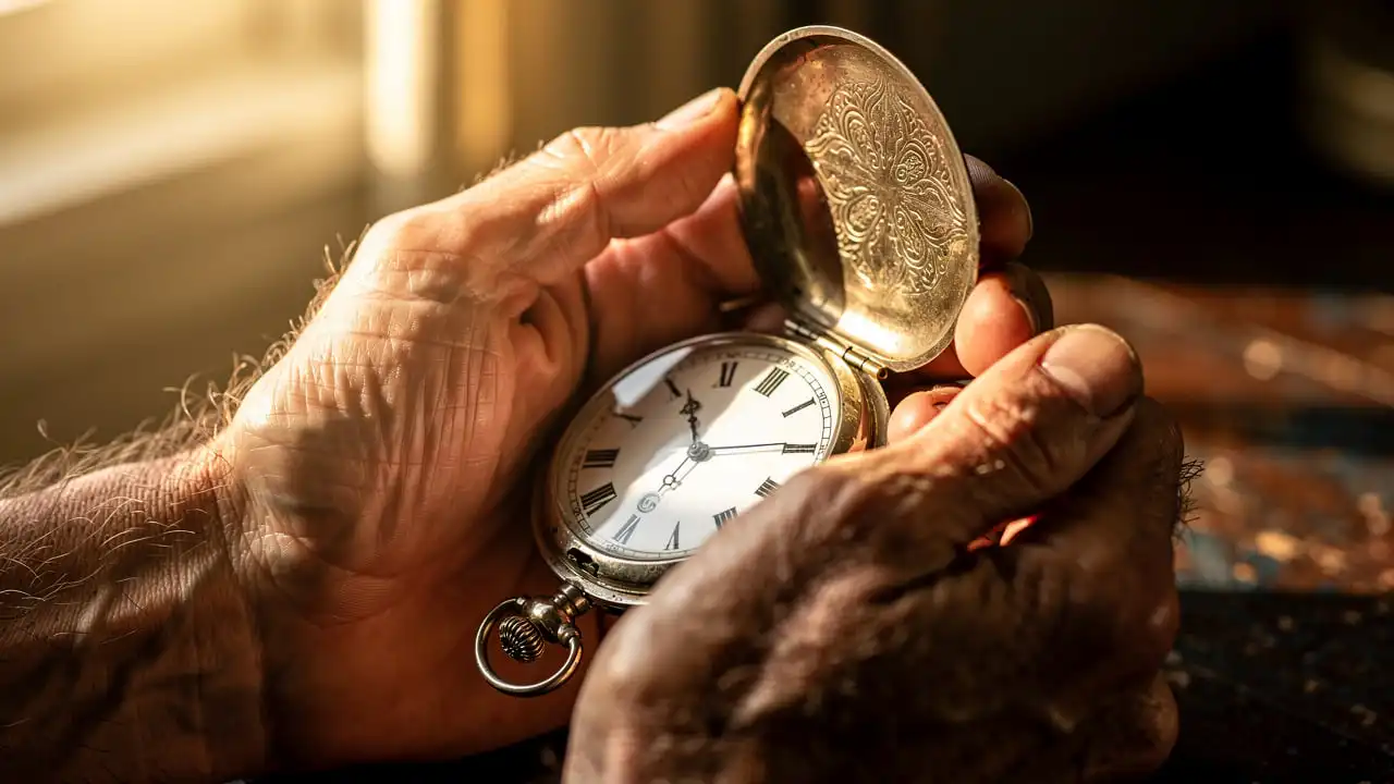 Mains tenant délicatement une montre à gousset antique ouverte en héritage