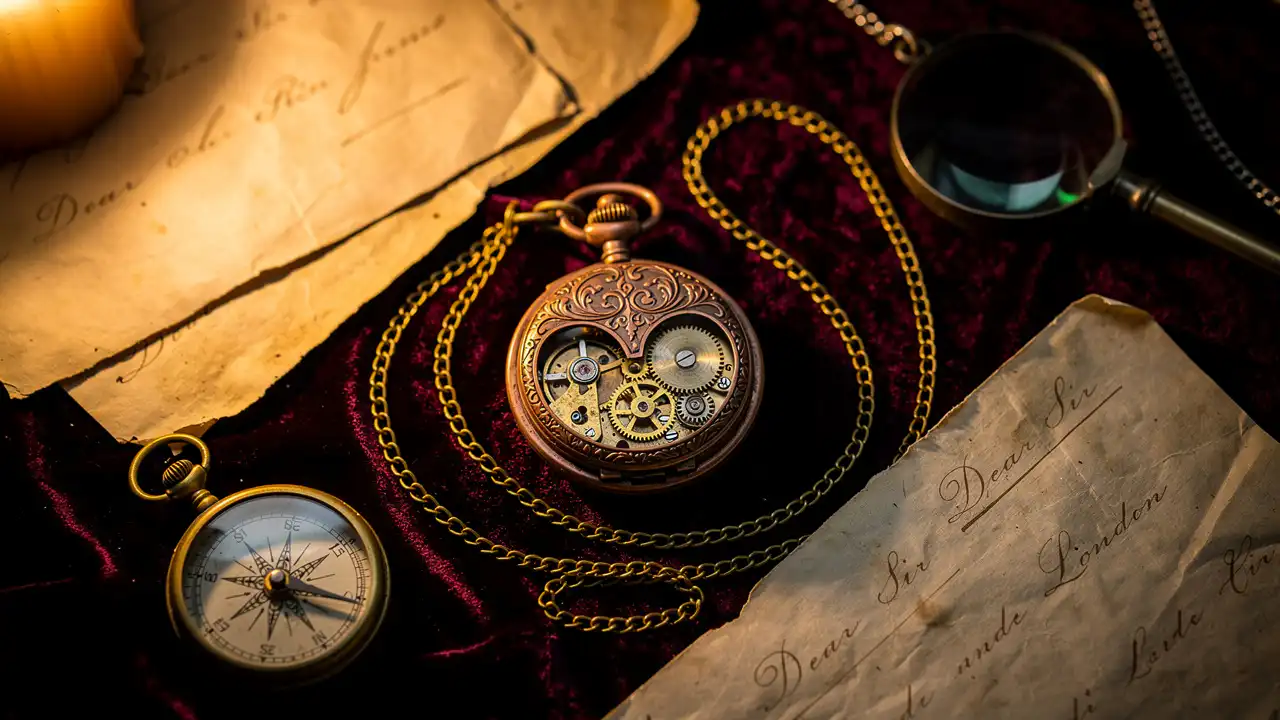 Montre à gousset victorienne posée sur velours sombre avec accessoires vintage