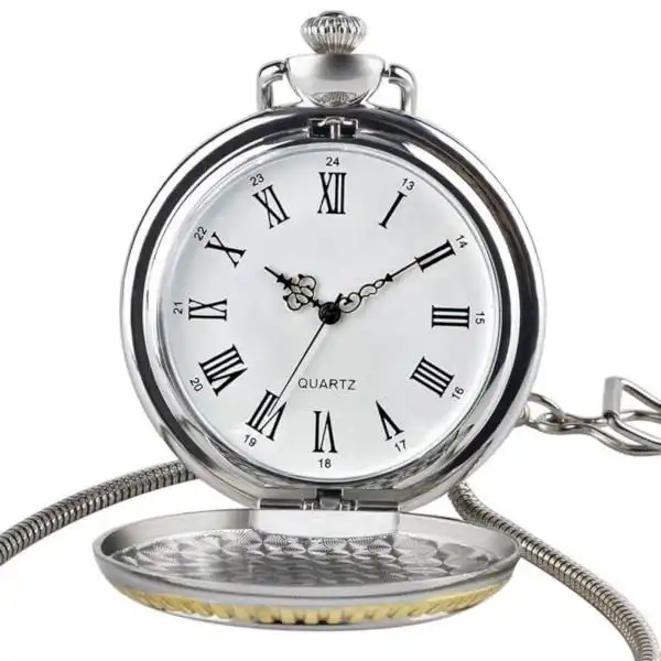 Montre à Gousset Aigle de Luxe en argent avec cadran blanc, chiffres romains et chaîne serpent.