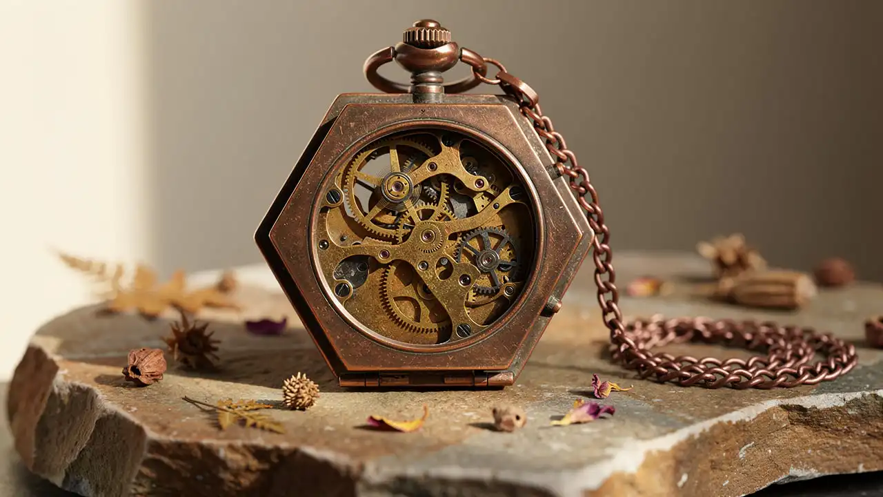 Montre à gousset hexagonale en cuivre patiné style steampunk