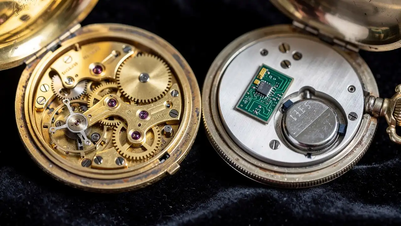 Comparaison mouvement mécanique et quartz montre à gousset