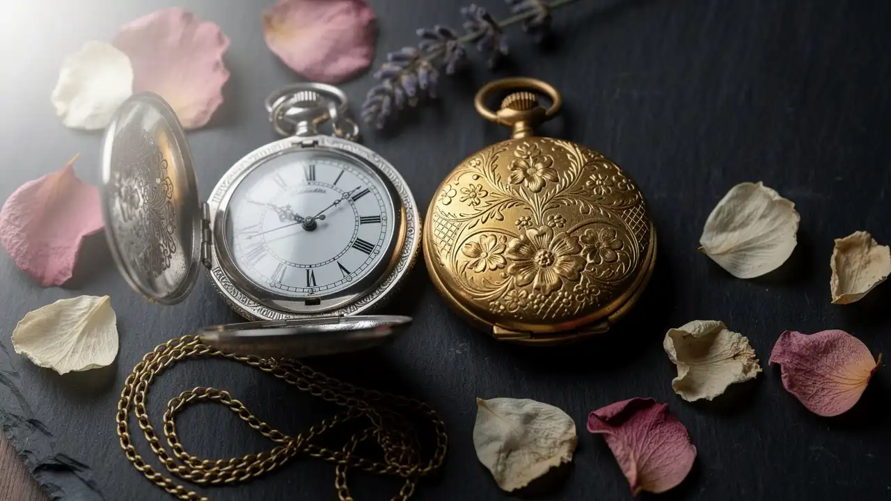 Montres à gousset féminines gravées avec chaînes dorées