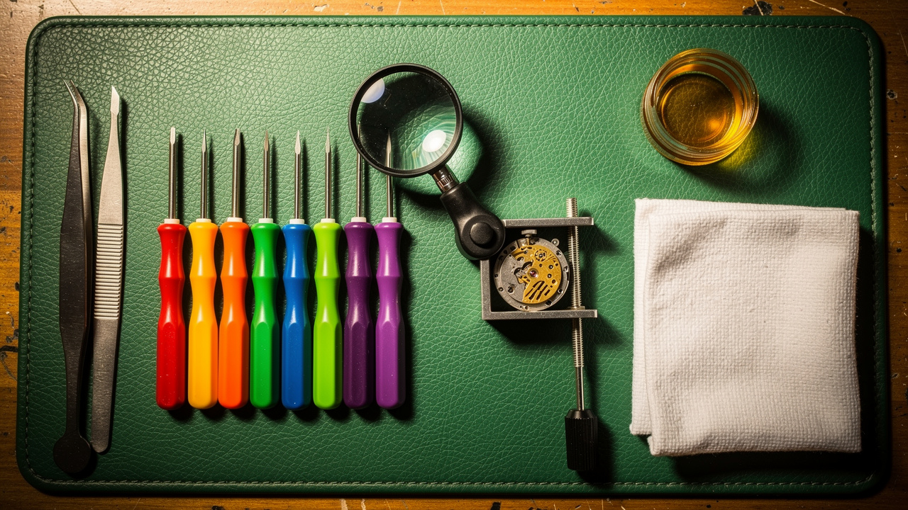 Outils d'horlogerie professionnels sur établi de travail
