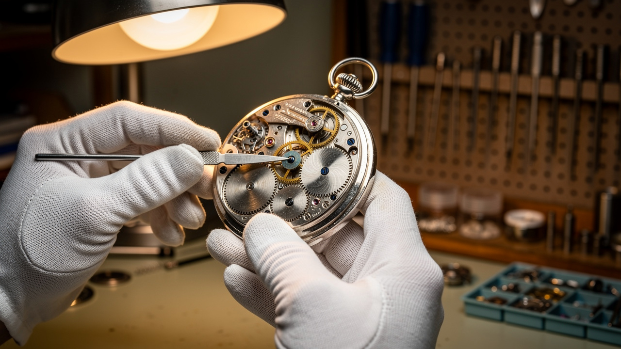 Horloger ouvrant le boîtier d'une montre à gousset