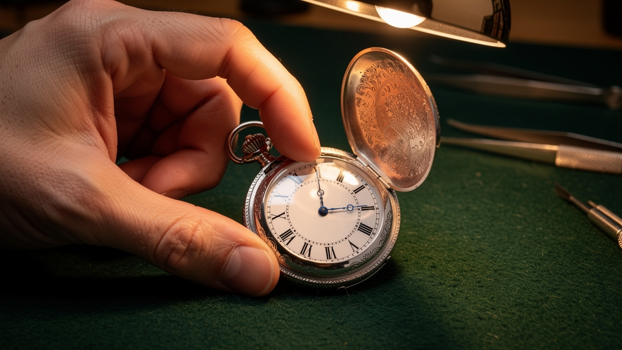 Mains ouvrant délicatement le clapet d'une montre savonnette