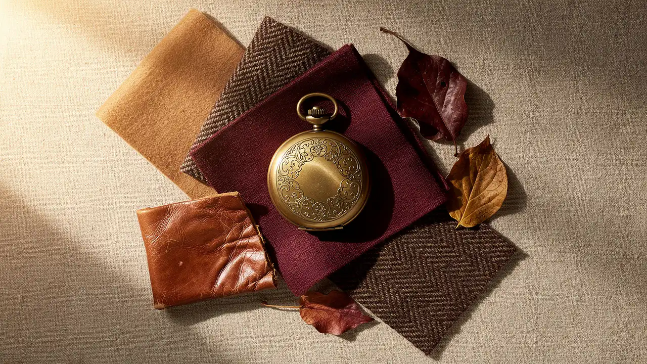 Palette de couleurs chaudes associée à une montre dorée vintage