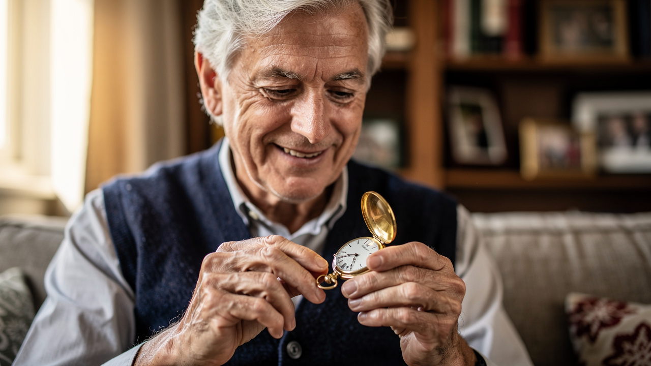Père élégant tenant une montre à gousset dorée