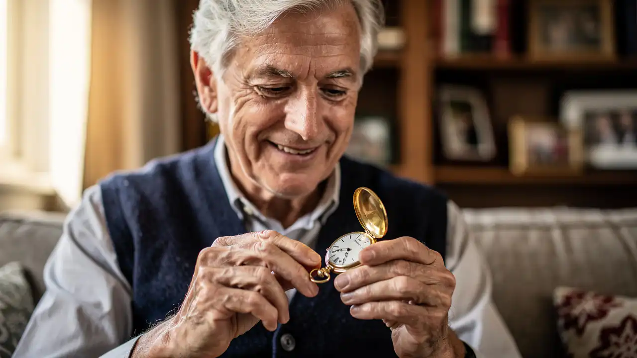 Père élégant tenant une montre à gousset dorée