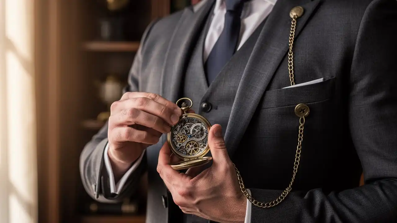 Homme élégant consultant sa montre de poche squelette
